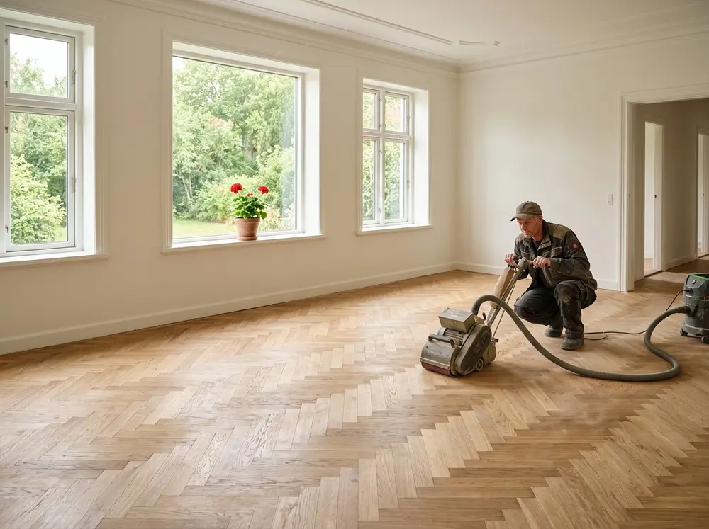 Fachowiec podczas pracy profesjonalną maszyną szlifującą drewniany parkiet